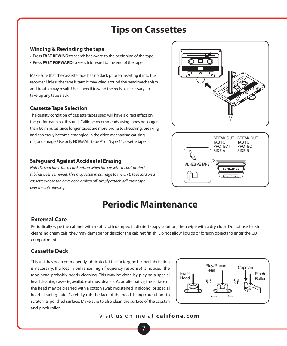 Periodic maintenance tips on cassettes, Periodic maintenance, Care and maintenance | Adhesive tape | Califone 1776 User Manual | Page 8 / 16