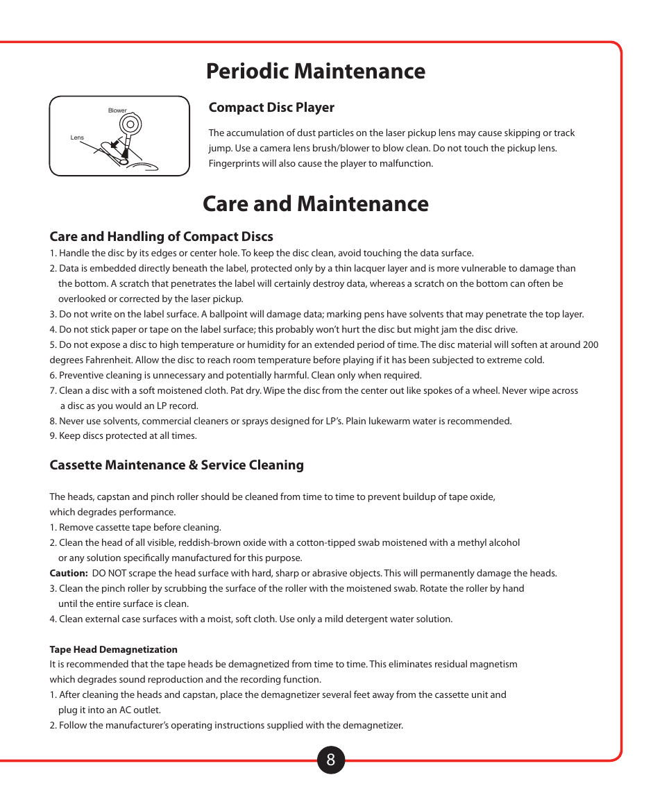 Periodic maintenance tips on cassettes, Periodic maintenance care and maintenance, Compact disc player | Care and handling of compact discs, Cassette maintenance & service cleaning | Califone 1776 User Manual | Page 9 / 16