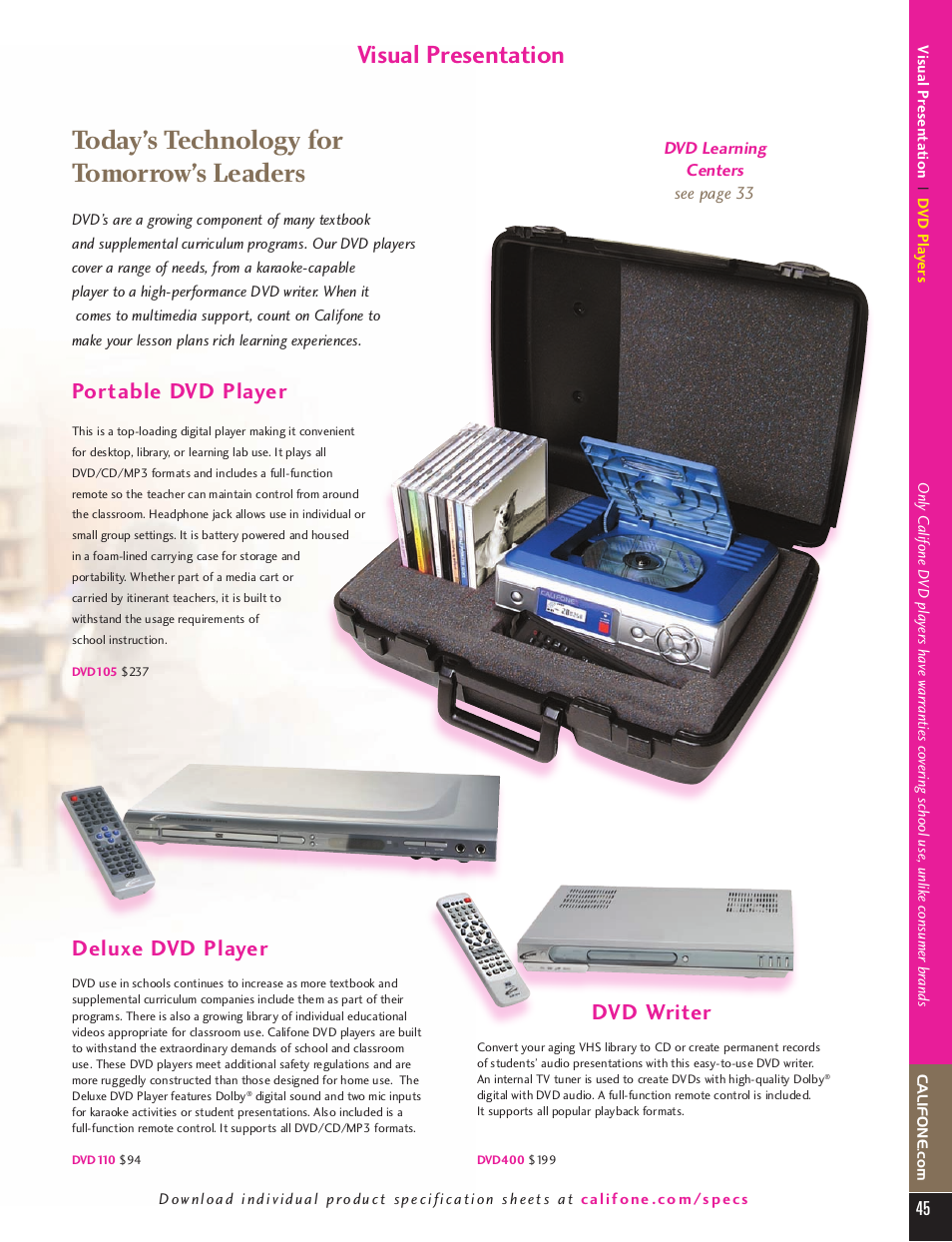 Today’s technology for tomorrow’s leaders, Visual presentation, Portable dvd player | Deluxe dvd player, Dvd writer | Califone Luminos OHP-2000 User Manual | Page 2 / 2