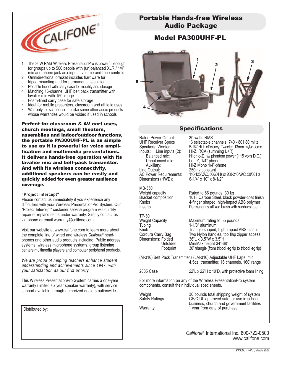 Califone Portable Hands-free Wireless Audio Package PA300UHF-PL User Manual | 1 page