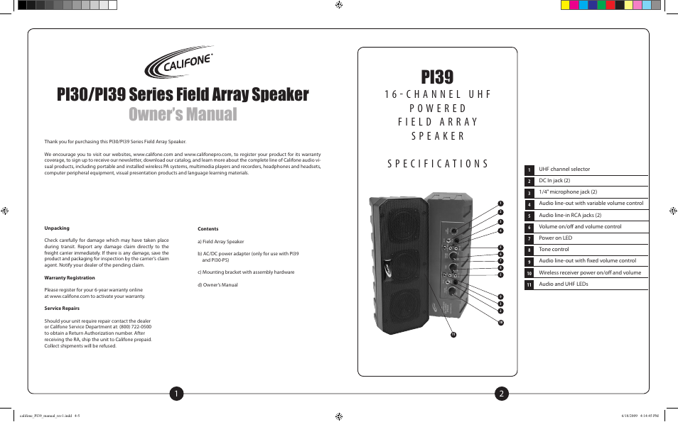Pi39 | Califone PI39 Series User Manual | Page 2 / 4