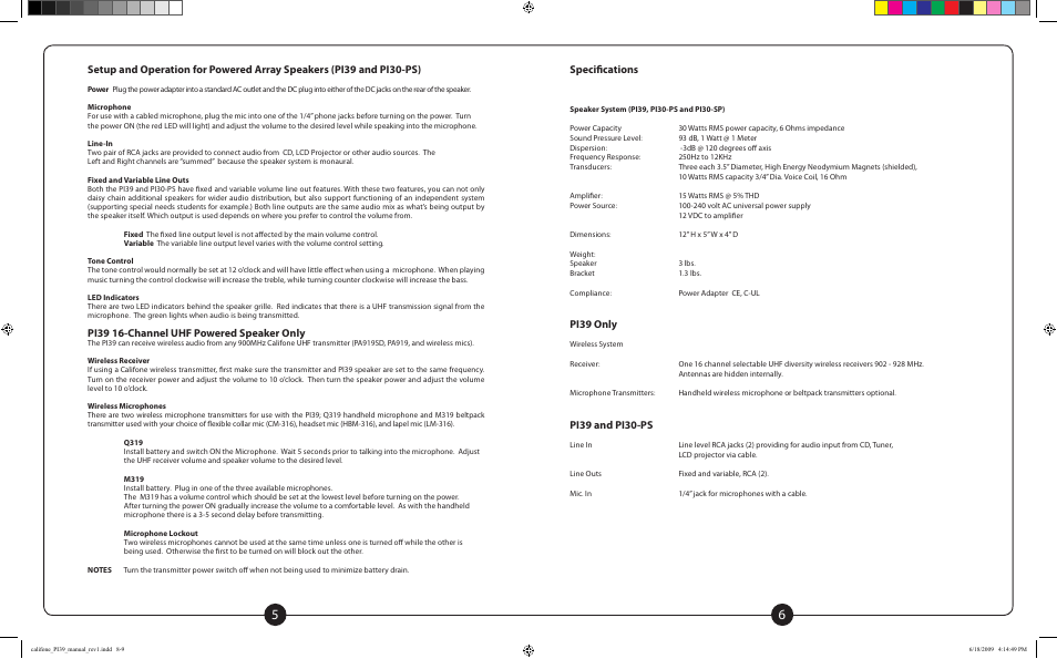 Pi39 16-channel uhf powered speaker only, Specifications, Pi39 only | Pi39 and pi30-ps | Califone PI39 Series User Manual | Page 4 / 4