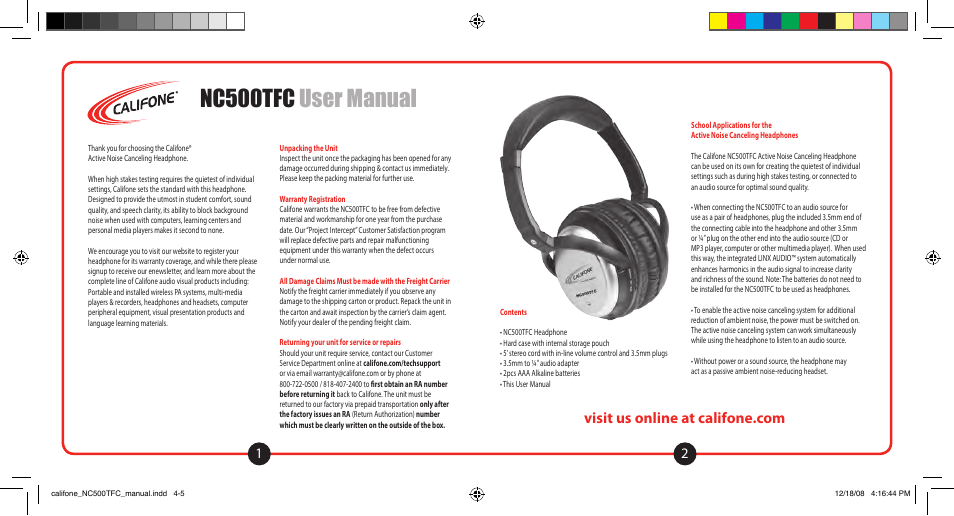 Nc500tfc user manual | Califone NC500TFC User Manual | Page 2 / 4