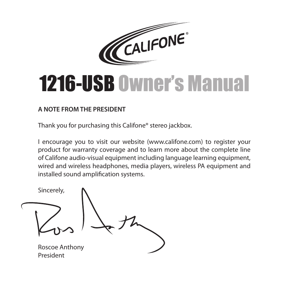 1216-usb owner’s manual | Califone 1216-USB User Manual | Page 2 / 8