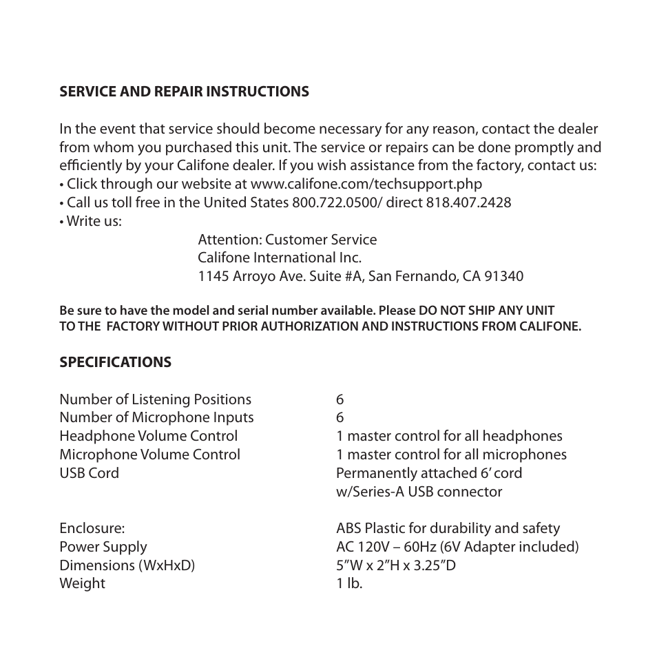 Califone 1216-USB User Manual | Page 6 / 8