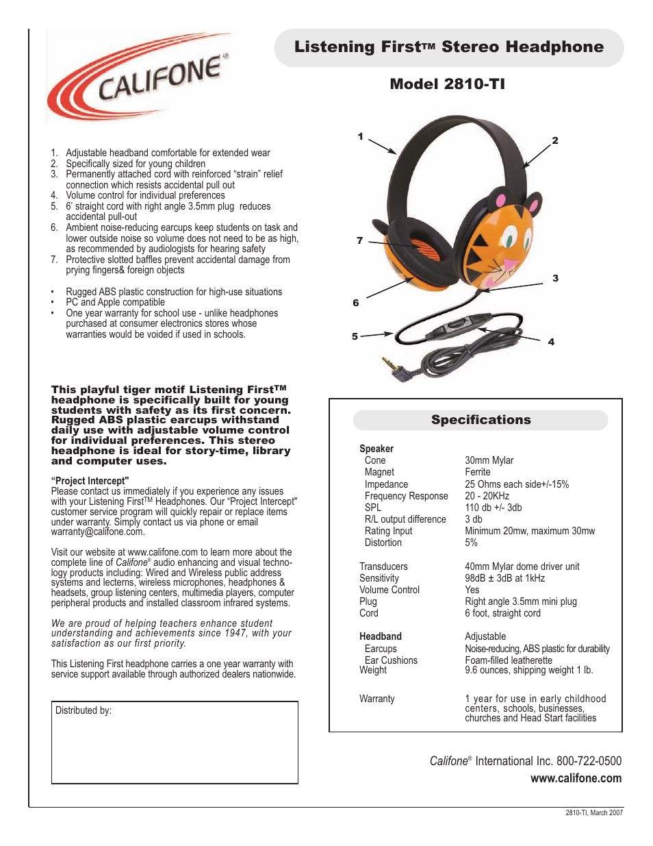 Califone 2810-TI User Manual | 1 page