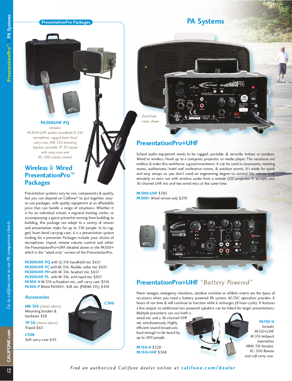 Pa systems, Presentationpro+uhf “battery powered, Presentationpro+uhf | Wireless & wired presentationpro, Packages | Califone PA616 User Manual | Page 12 / 46