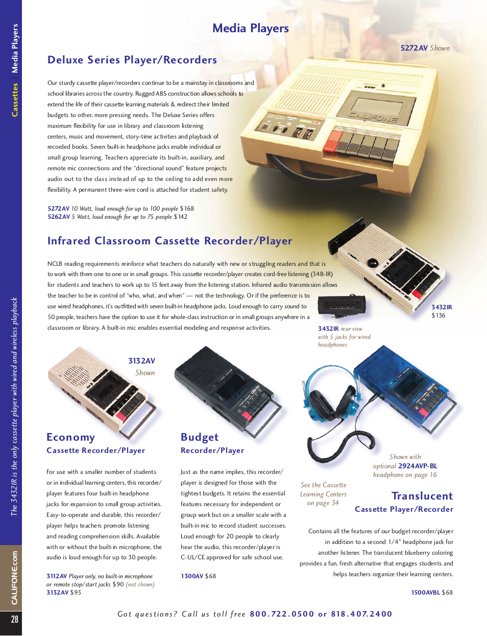 Media players, Deluxe series player/recorders, Infrared classroom cassette recorder/player | Economy, Budget, Translucent | Califone PA616 User Manual | Page 28 / 46