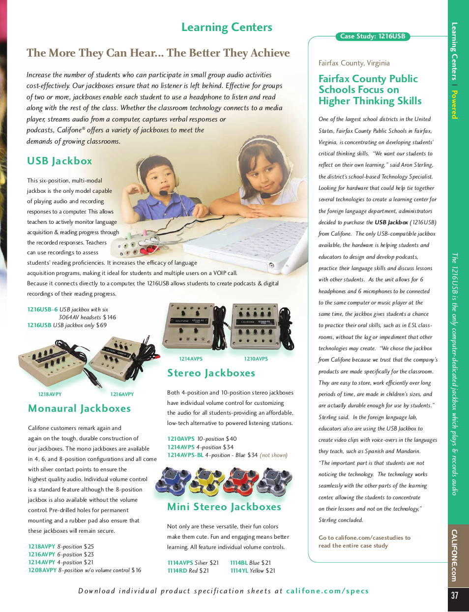 Learning centers, The more they can hear... the better they achieve, Usb jackbox | Monaural jackboxes, Stereo jackboxes, Mini stereo jackboxes | Califone PA616 User Manual | Page 37 / 46