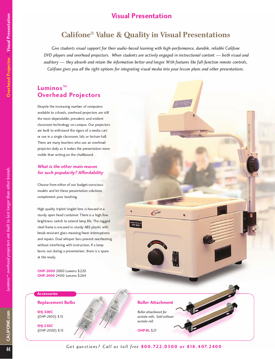 Califone, Value & quality in visual presentations, Visual presentation | Luminos, Overhead projectors | Califone PA616 User Manual | Page 44 / 46