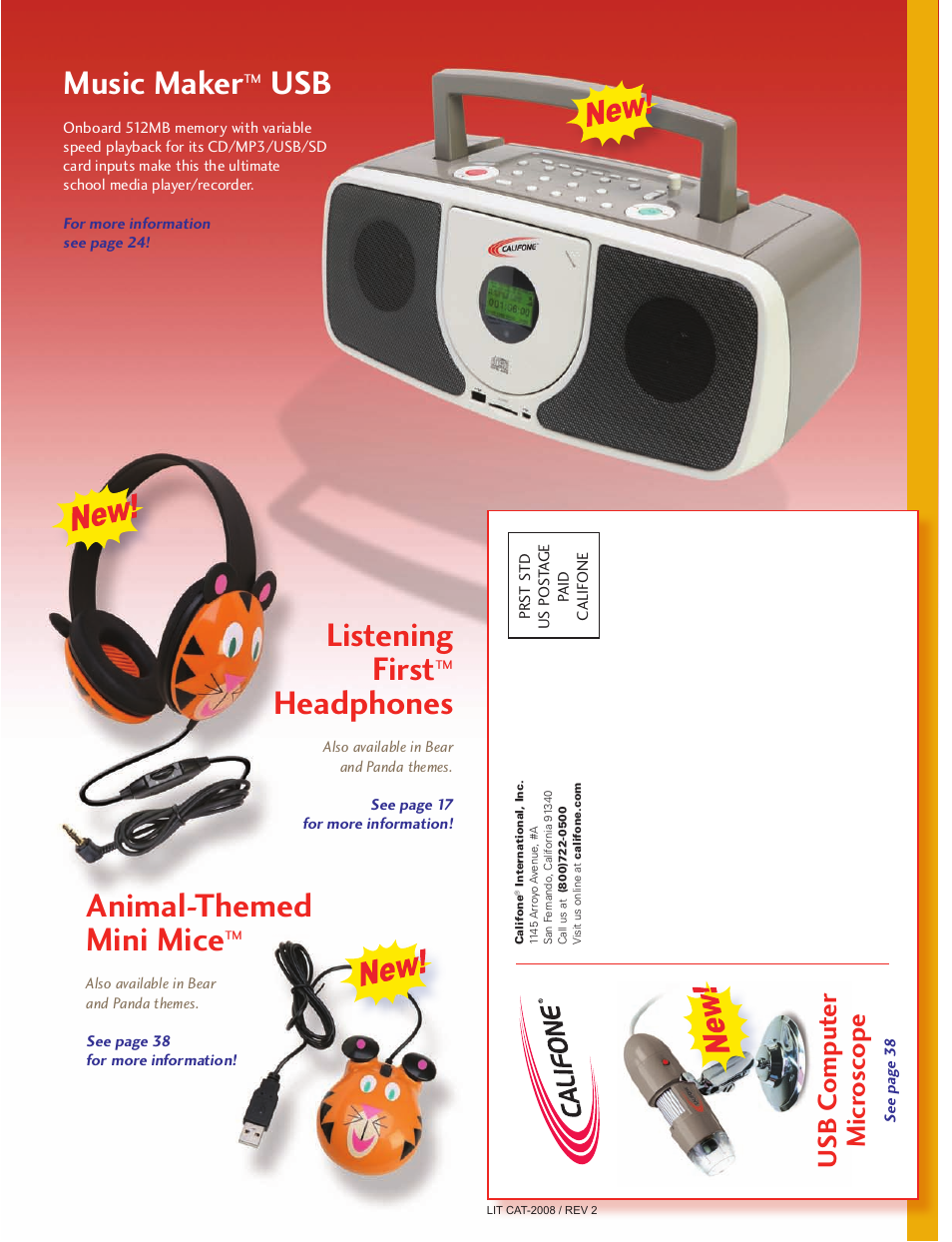 Music maker, Listening first, Headphones | Animal-themed mini mice, Usb c omput er micr oscope | Califone PA616 User Manual | Page 46 / 46