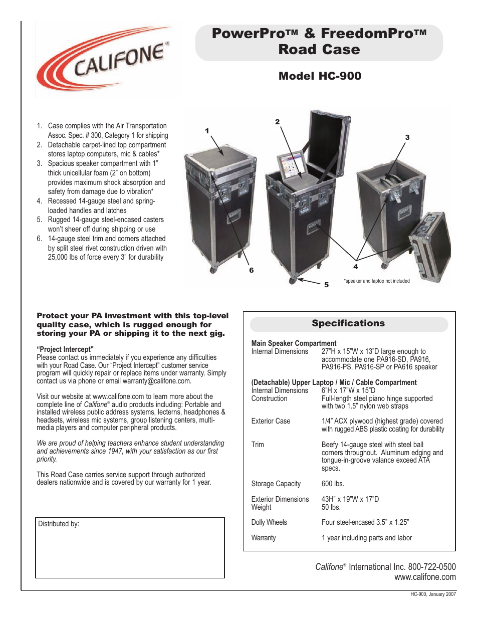 Califone PowerPro & FreedomPro Road Case HC-900 User Manual | 1 page