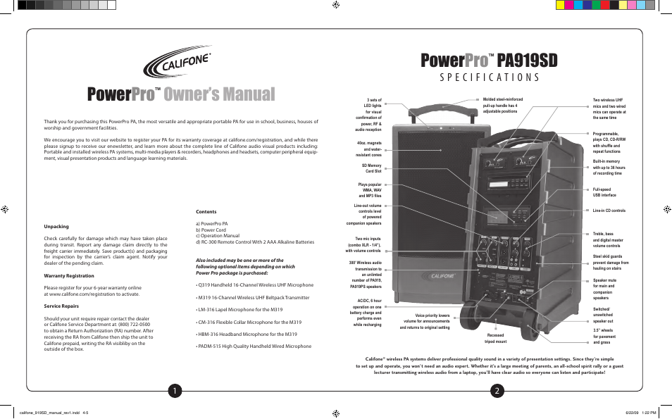 Power pro, Owner’s manual, Pa919sd | Califone PowerPro PA919PS User Manual | Page 2 / 12