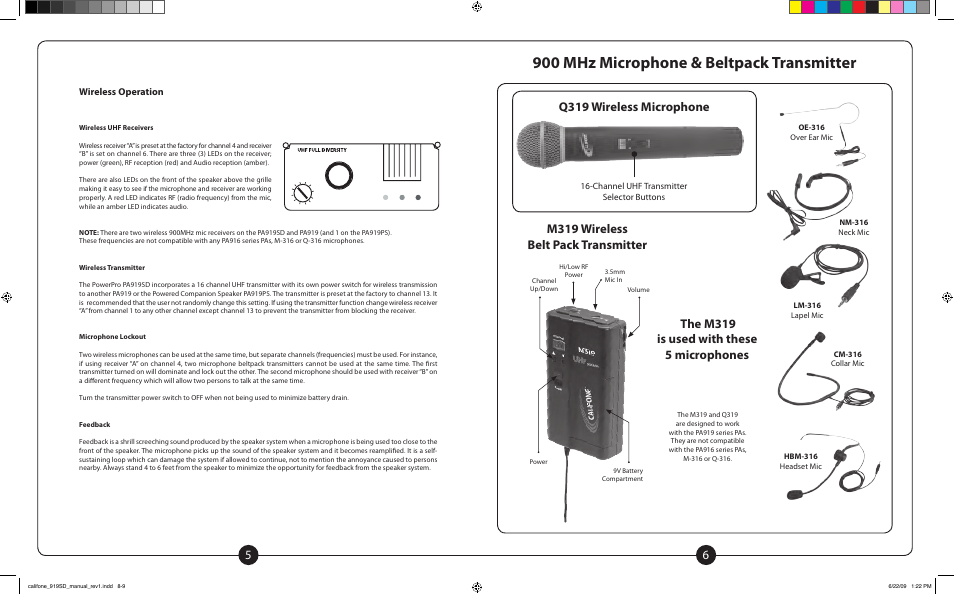 900 mhz microphone & beltpack transmitter, The m319 is used with these 5 microphones | Califone PowerPro PA919PS User Manual | Page 4 / 12