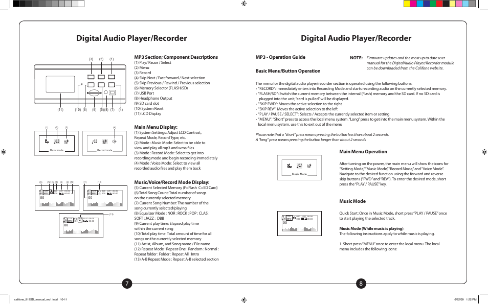 Digital audio player/recorder, Main menu display, Music/voice/record mode display | Mp3 - operation guide basic menu/button operation, Main menu operation, Music mode, User s guide, 1 repeat, Repeat, 3 local file item | Califone PowerPro PA919PS User Manual | Page 5 / 12