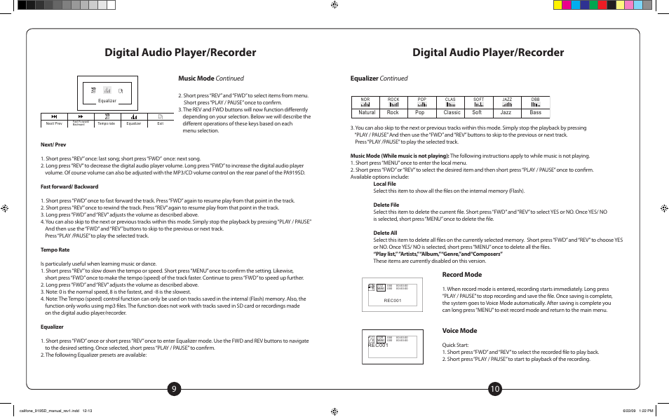 Digital audio player/recorder, Music mode continued, Equalizer continued | Record mode, Voice mode, Local file, Local file delete file delete all file exit | Califone PowerPro PA919PS User Manual | Page 6 / 12