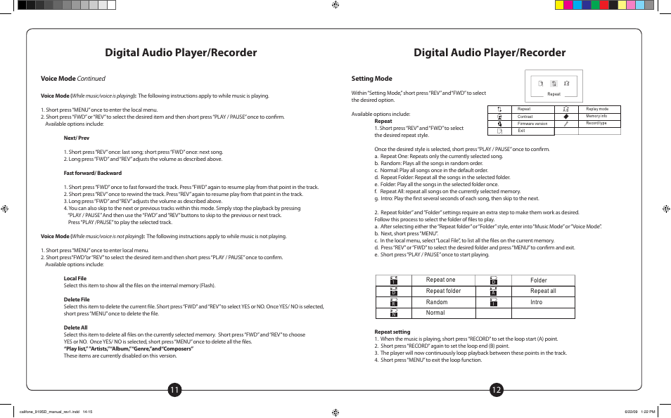 Digital audio player/recorder, Voice mode continued, Setting mode | 2 repeat setting, 3 contrast adjustment, 5 language selection, 6 firmware version, 7 record type, Repeat one, Folder | Califone PowerPro PA919PS User Manual | Page 7 / 12