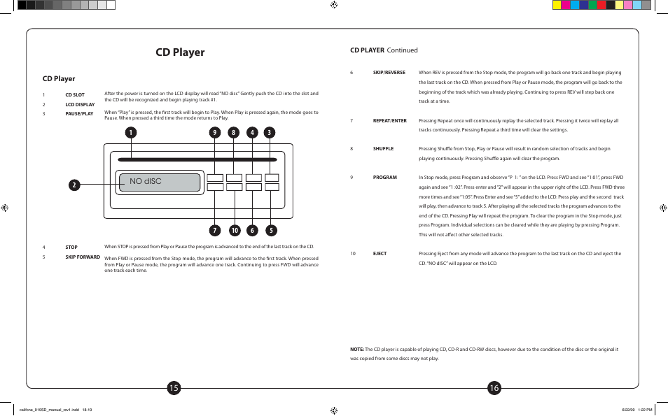 Cd player, No disc, Cd player continued | Califone PowerPro PA919PS User Manual | Page 9 / 12