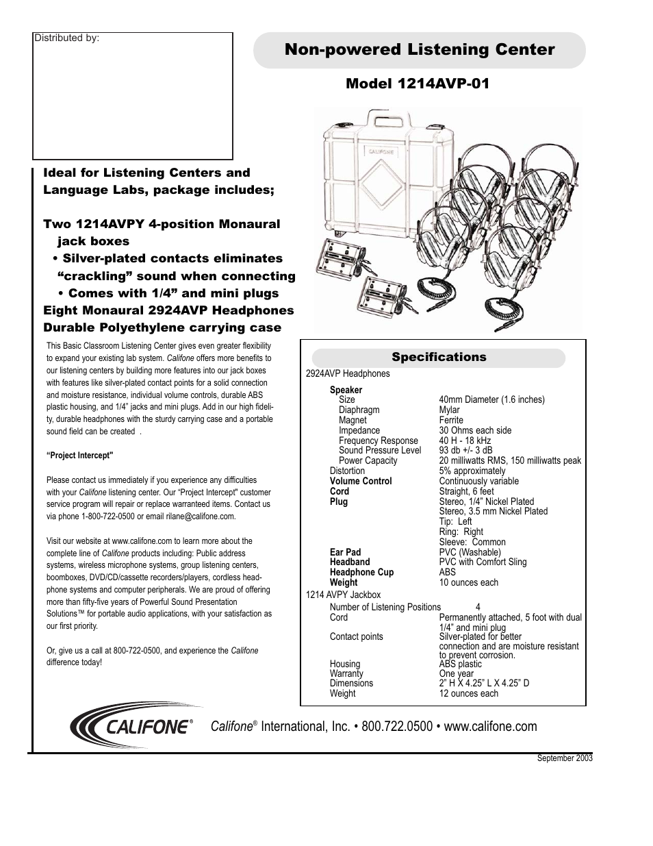 Califone Non-powered Listening Center 1214AVP-01 User Manual | 1 page