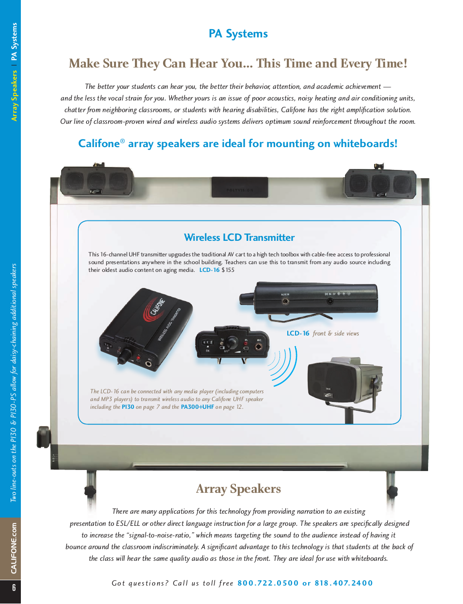 Array speakers, Pa systems, Califone | Wireless lcd transmitter | Califone Infrared Classroom Audio System PI30-IRSYS User Manual | Page 3 / 12