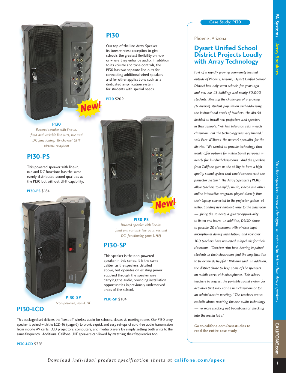 Array speakers, Pa systems, Califone | Pi30, Pi30-ps, Pi30-sp, Pi30-lcd | Califone Infrared Classroom Audio System PI30-IRSYS User Manual | Page 4 / 12