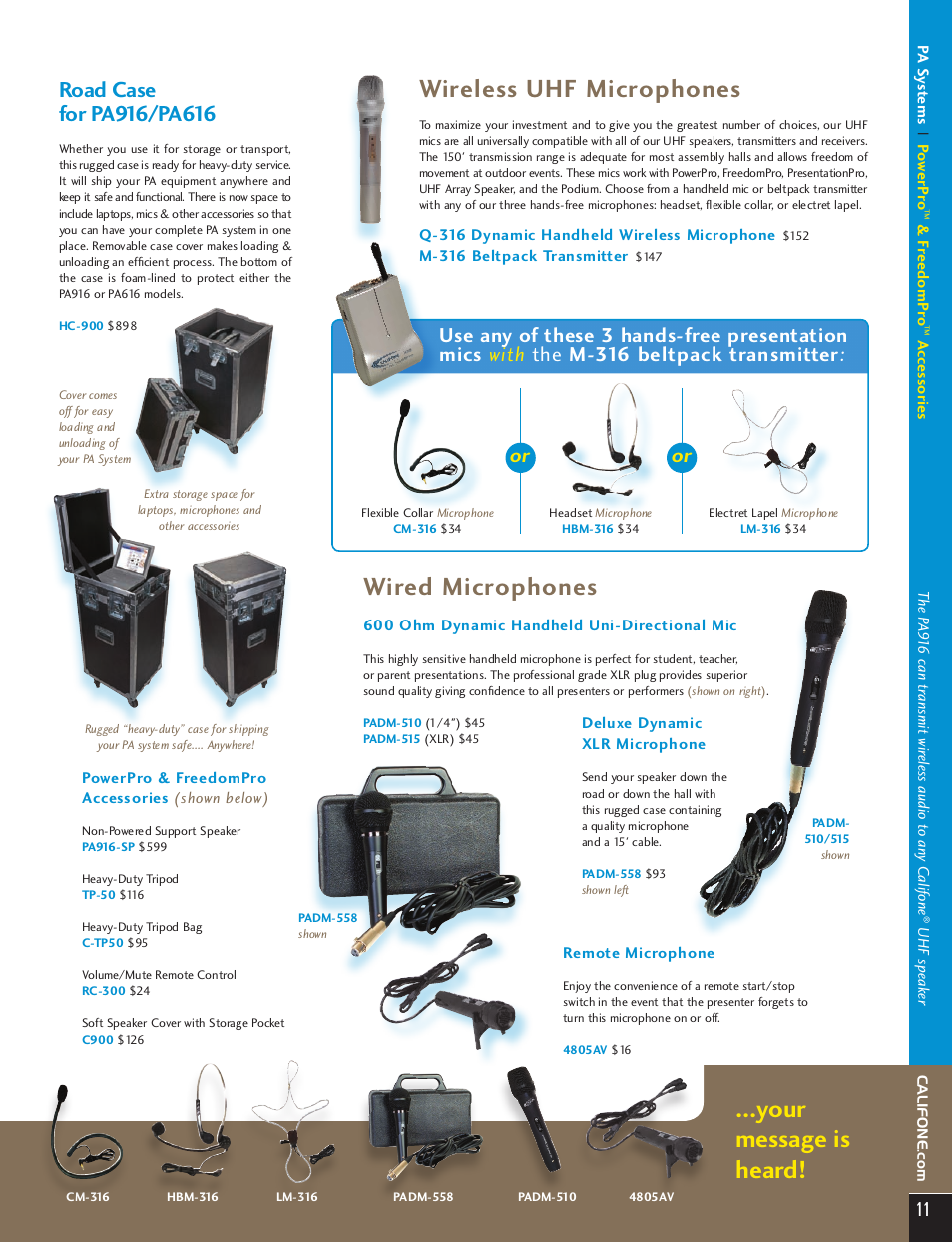Your message is heard, Wireless uhf microphones, Pa systems | Wired microphones | Califone Infrared Classroom Audio System PI30-IRSYS User Manual | Page 8 / 12