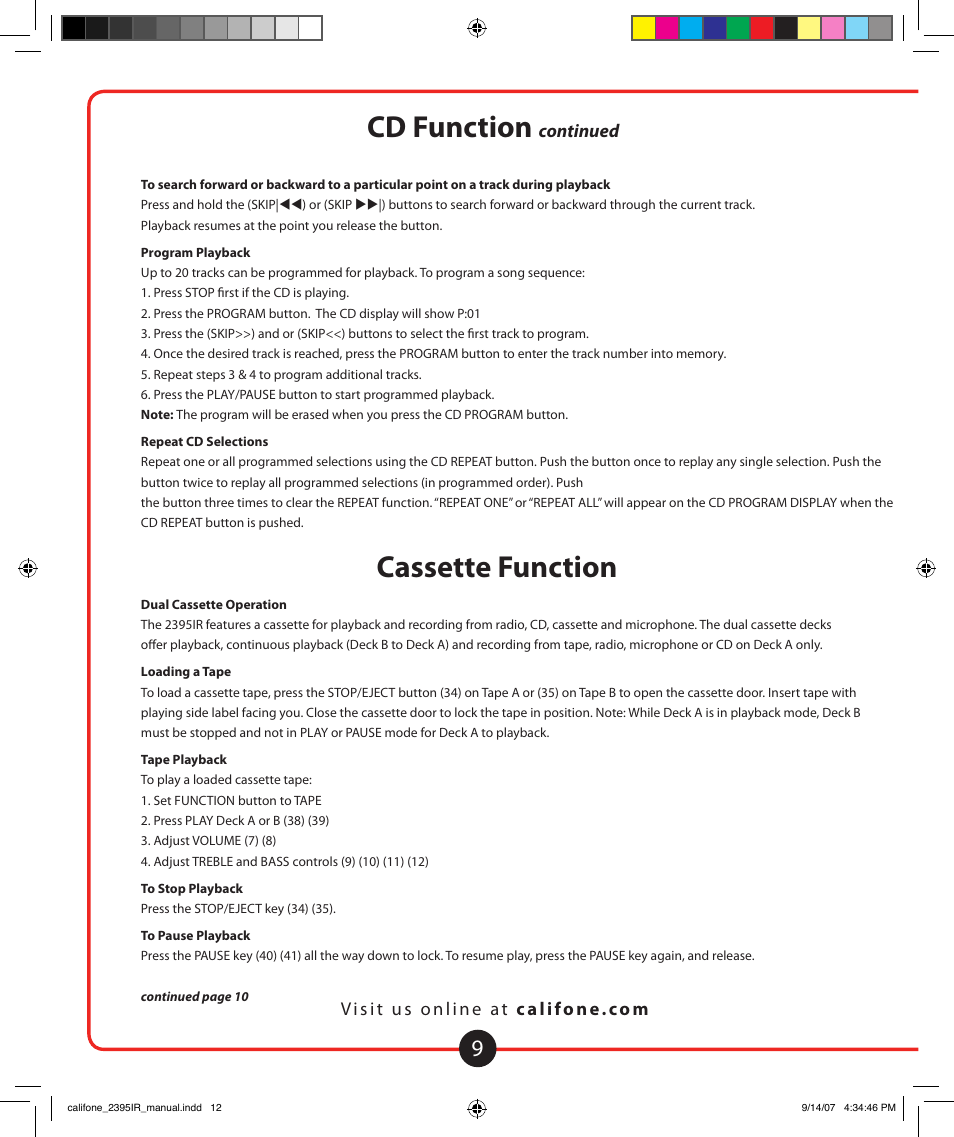 Cassette function, Cd function | Califone Music Maker User Manual | Page 10 / 16
