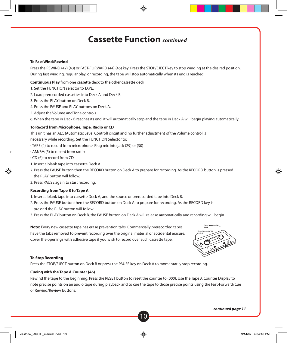 Cassette function, Cd function, Continued | Califone Music Maker User Manual | Page 11 / 16