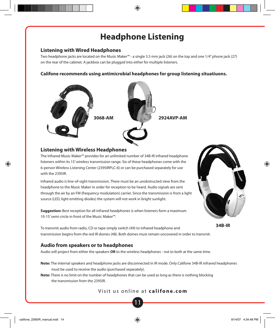Other features and functions headphone listening, Care and maintenance | Califone Music Maker User Manual | Page 12 / 16