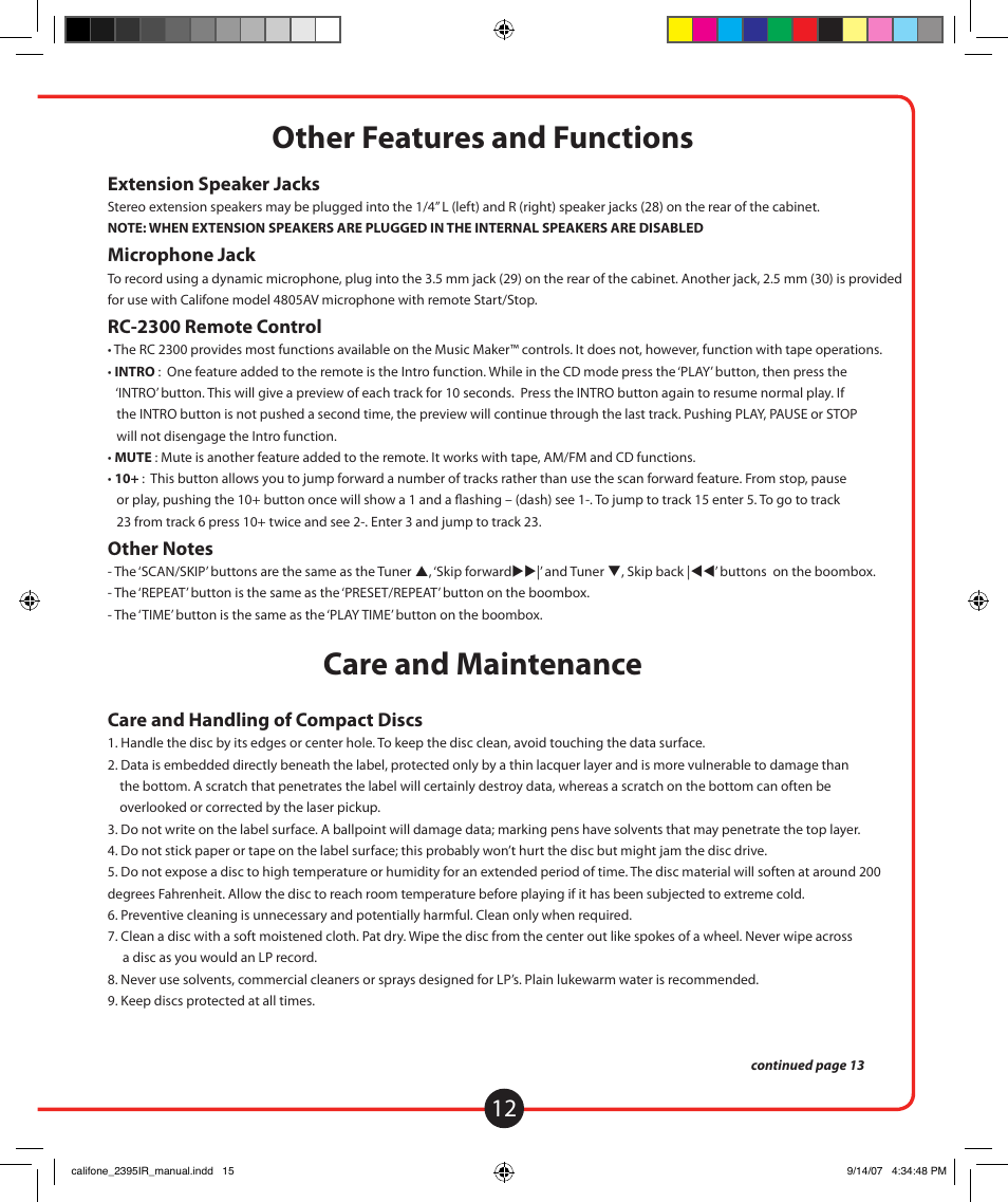 Other features and functions headphone listening, Care and maintenance | Califone Music Maker User Manual | Page 13 / 16