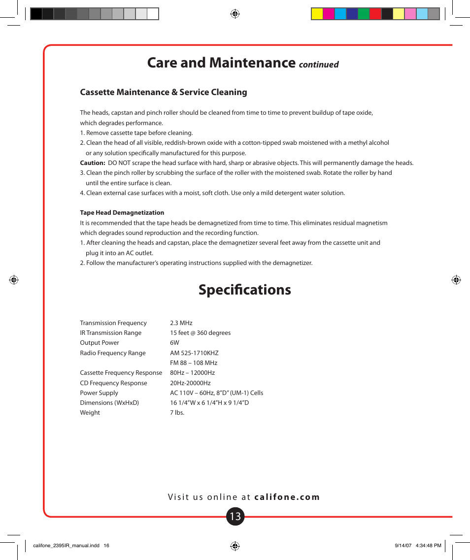 Troubleshooting care and maintenance, Specifications | Califone Music Maker User Manual | Page 14 / 16