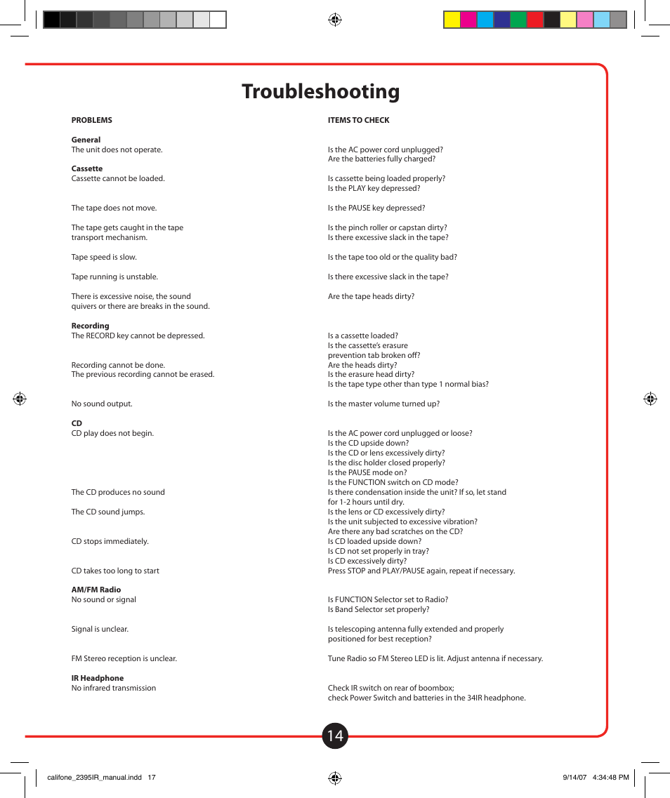 Troubleshooting care and maintenance, Specifications, Continued | Califone Music Maker User Manual | Page 15 / 16