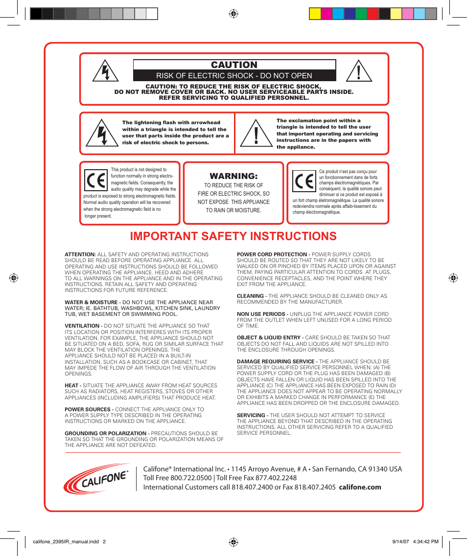 Important safety instructions, Caution, Warning | Califone Music Maker User Manual | Page 16 / 16