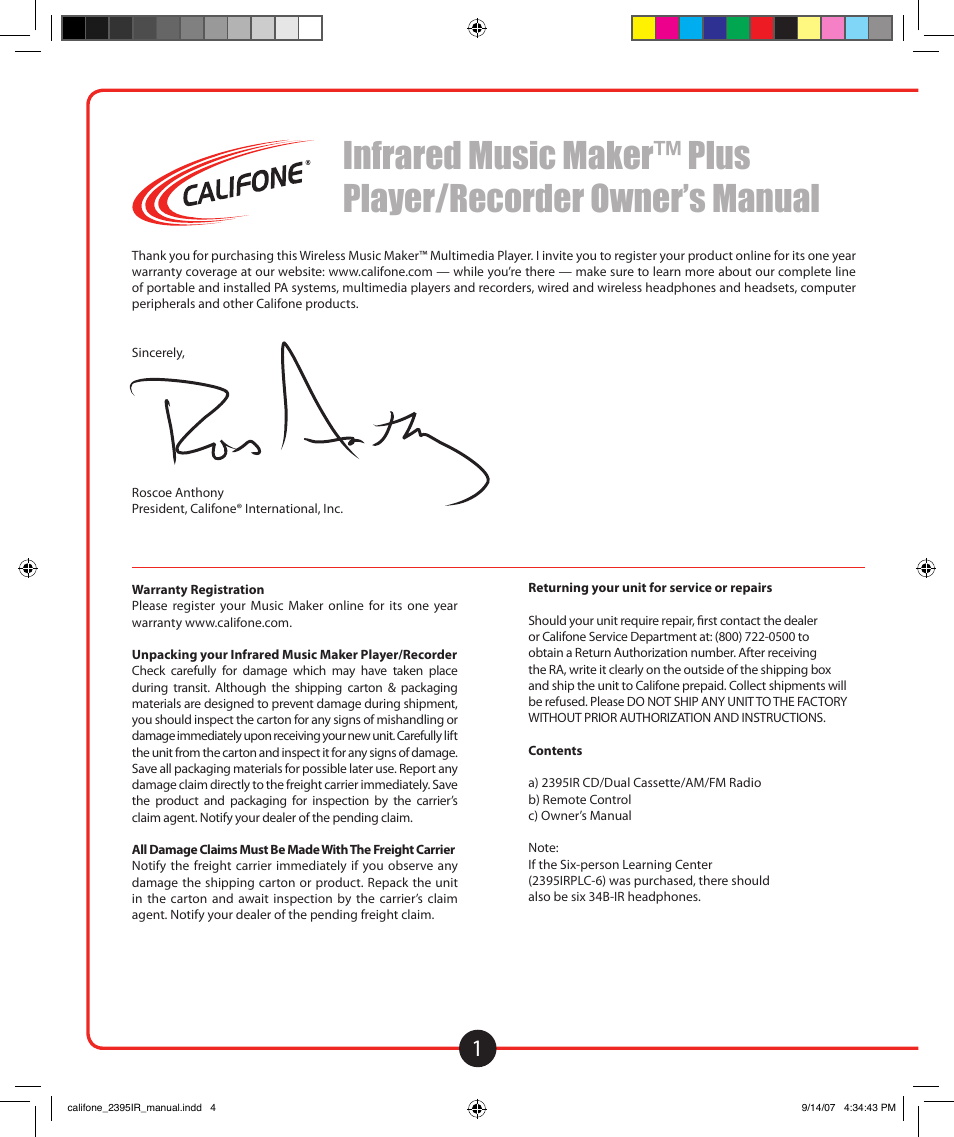 Initial setup | Califone Music Maker User Manual | Page 2 / 16