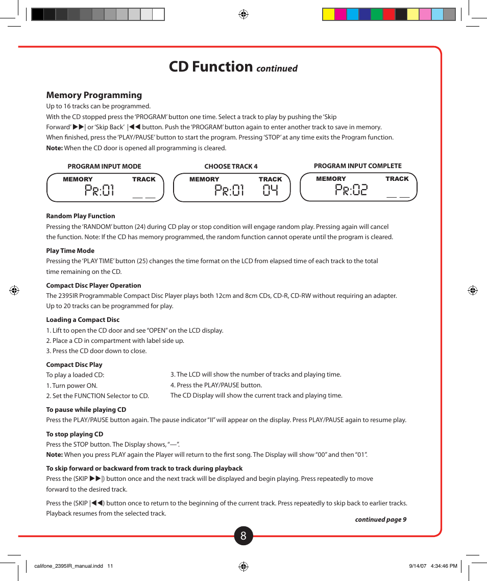 Cd function, Pr:01, Pr:01 04 | Pr:02 | Califone Music Maker User Manual | Page 9 / 16