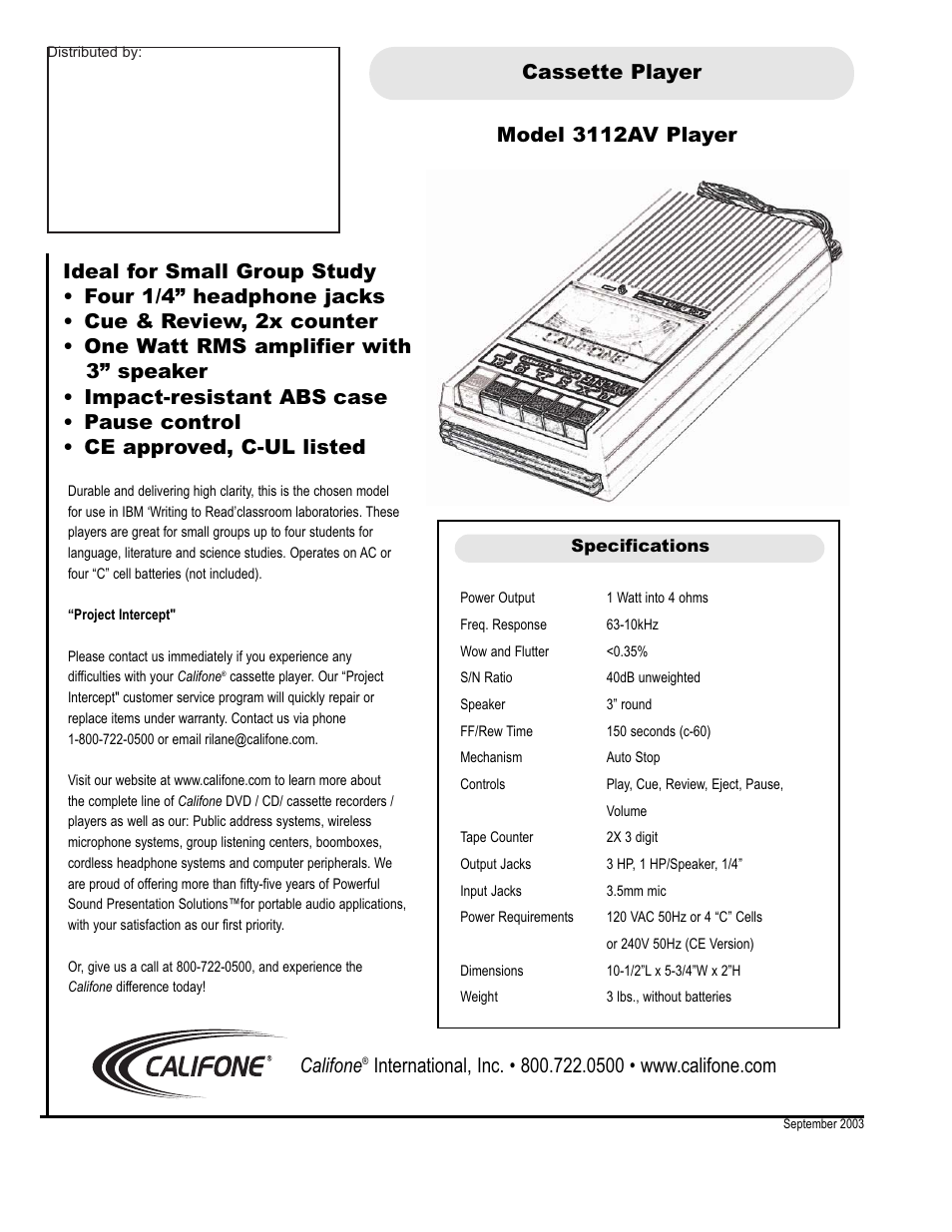 Califone Economy 3112AV User Manual | 1 page