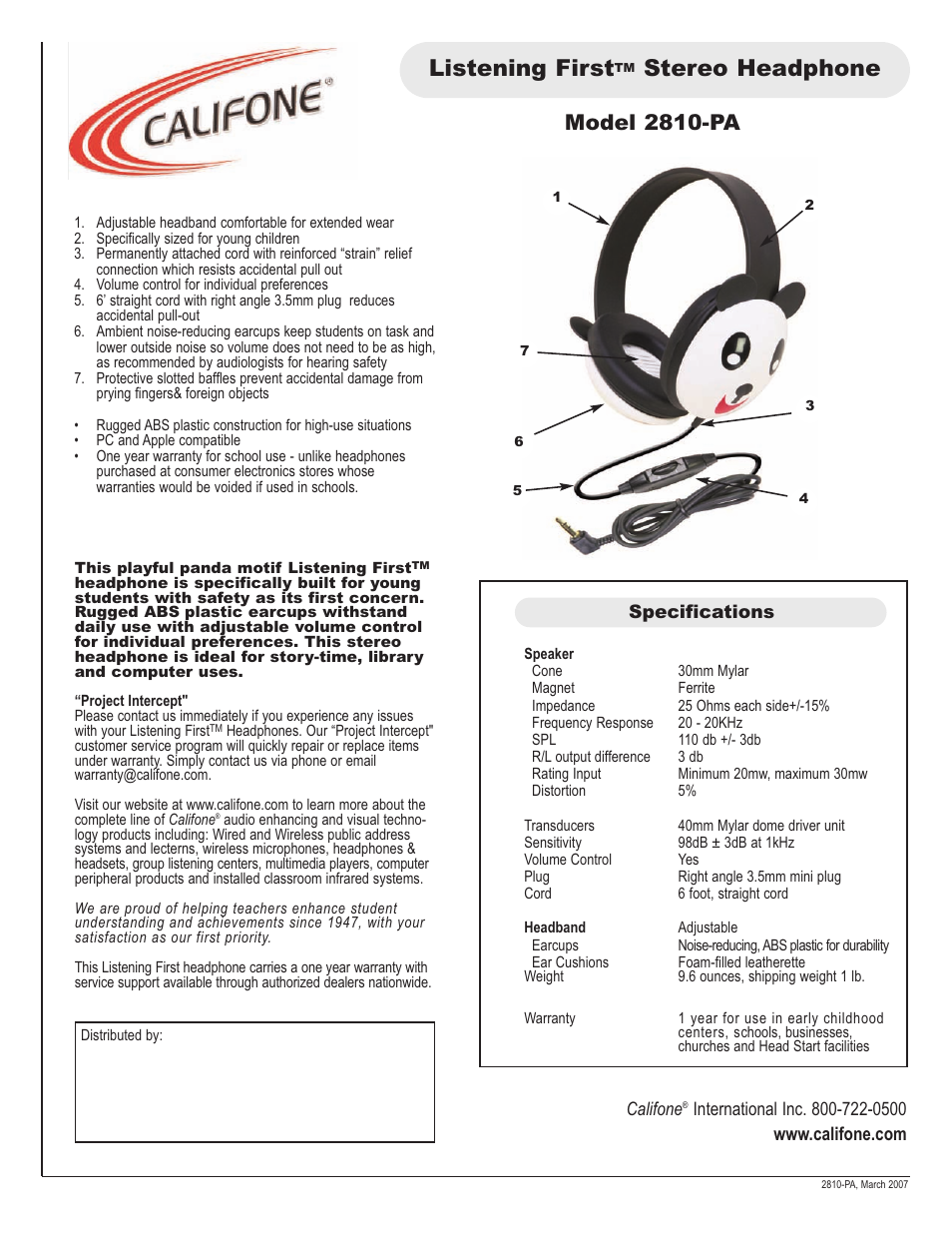 Califone 2810-PA User Manual | 1 page