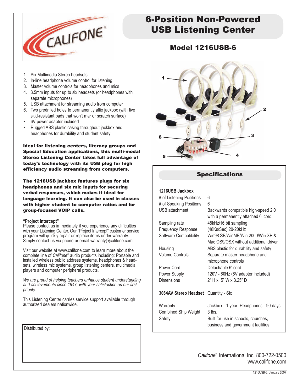 Califone 1216USB-6 User Manual | 1 page