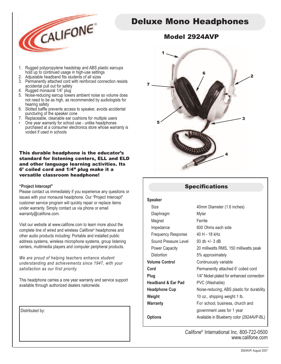 Califone 2924AVP User Manual | 1 page