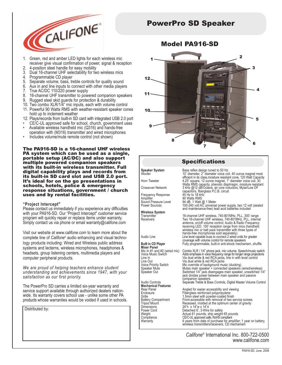 Califone Spirit PA916-SD User Manual | 1 page