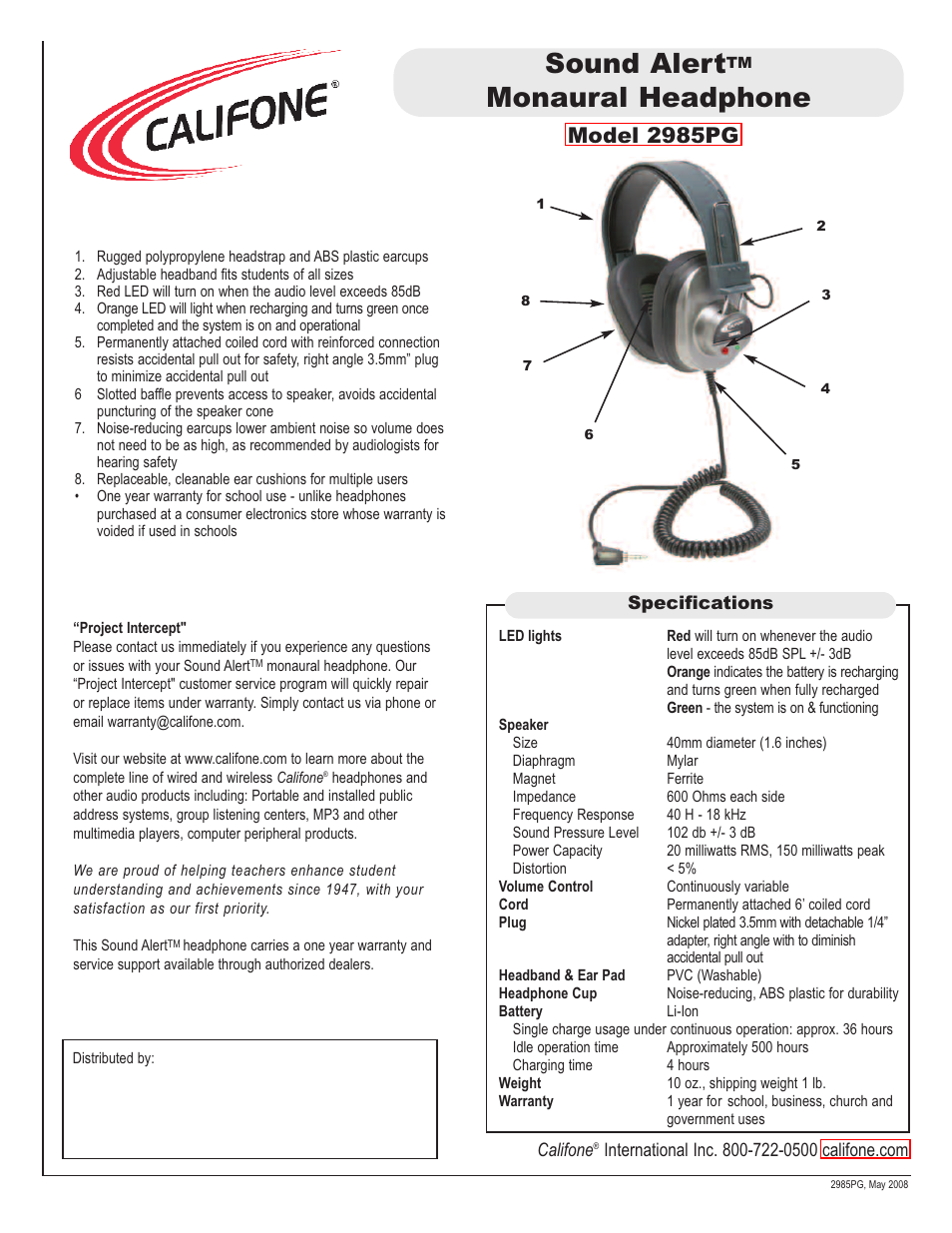Sound alert, Monaural headphone, Model 2985pg | Califone 2985PG User Manual | Page 2 / 2