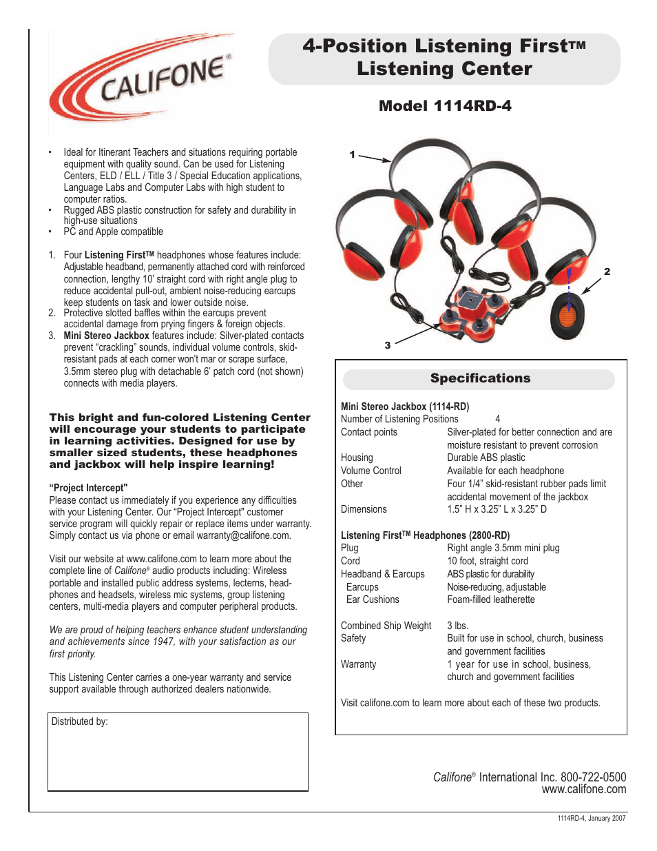 Califone 1114RD-4 User Manual | 1 page