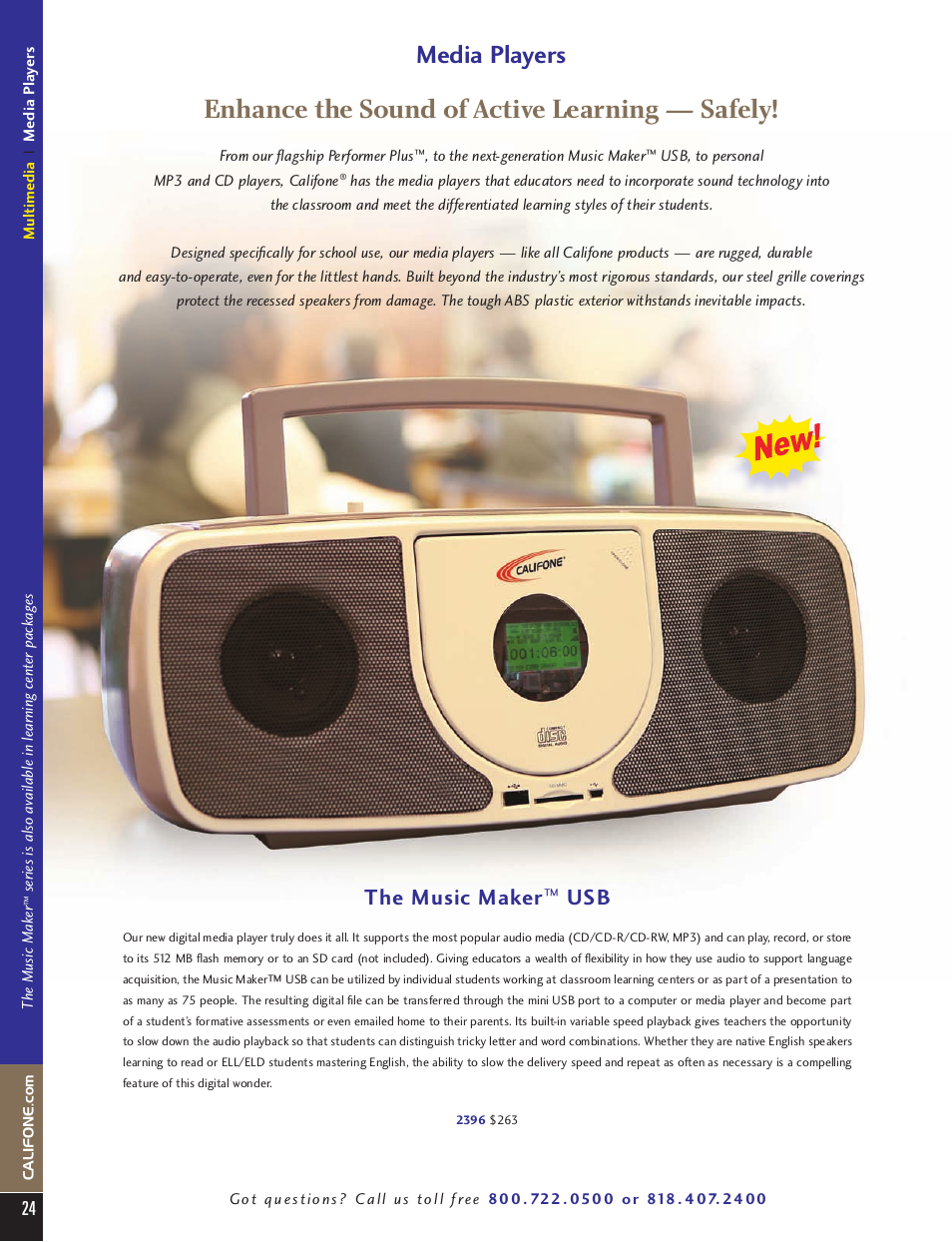 Enhance the sound of active learning — safely, Media players, The music maker | Califone 8101 MP3 Player User Manual | Page 3 / 8