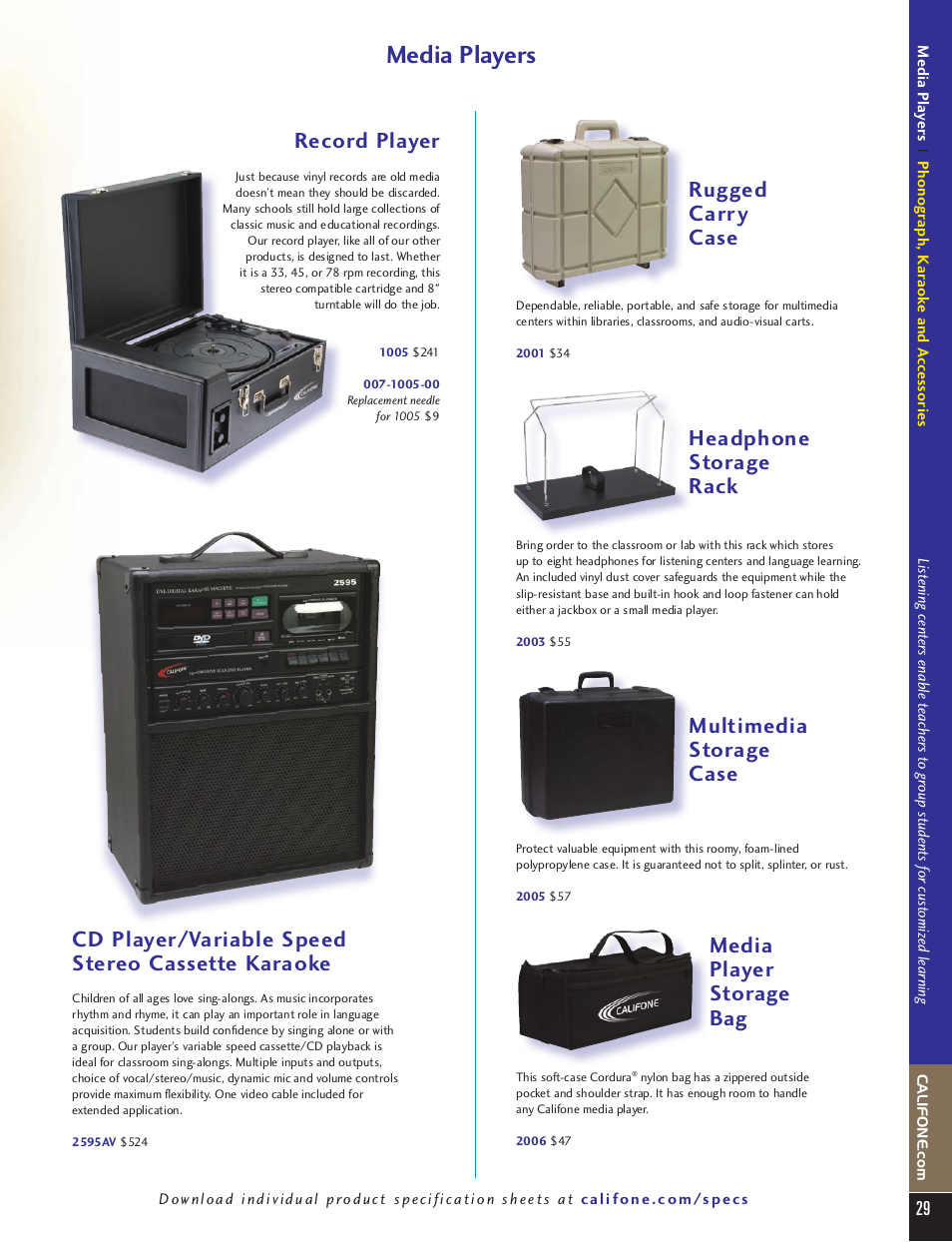 Media players, Record player, Cd player/variable speed stereo cassette karaoke | Rugged carry case, Headphone storage rack, Multimedia storage case, Media player storage bag | Califone 8101 MP3 Player User Manual | Page 8 / 8