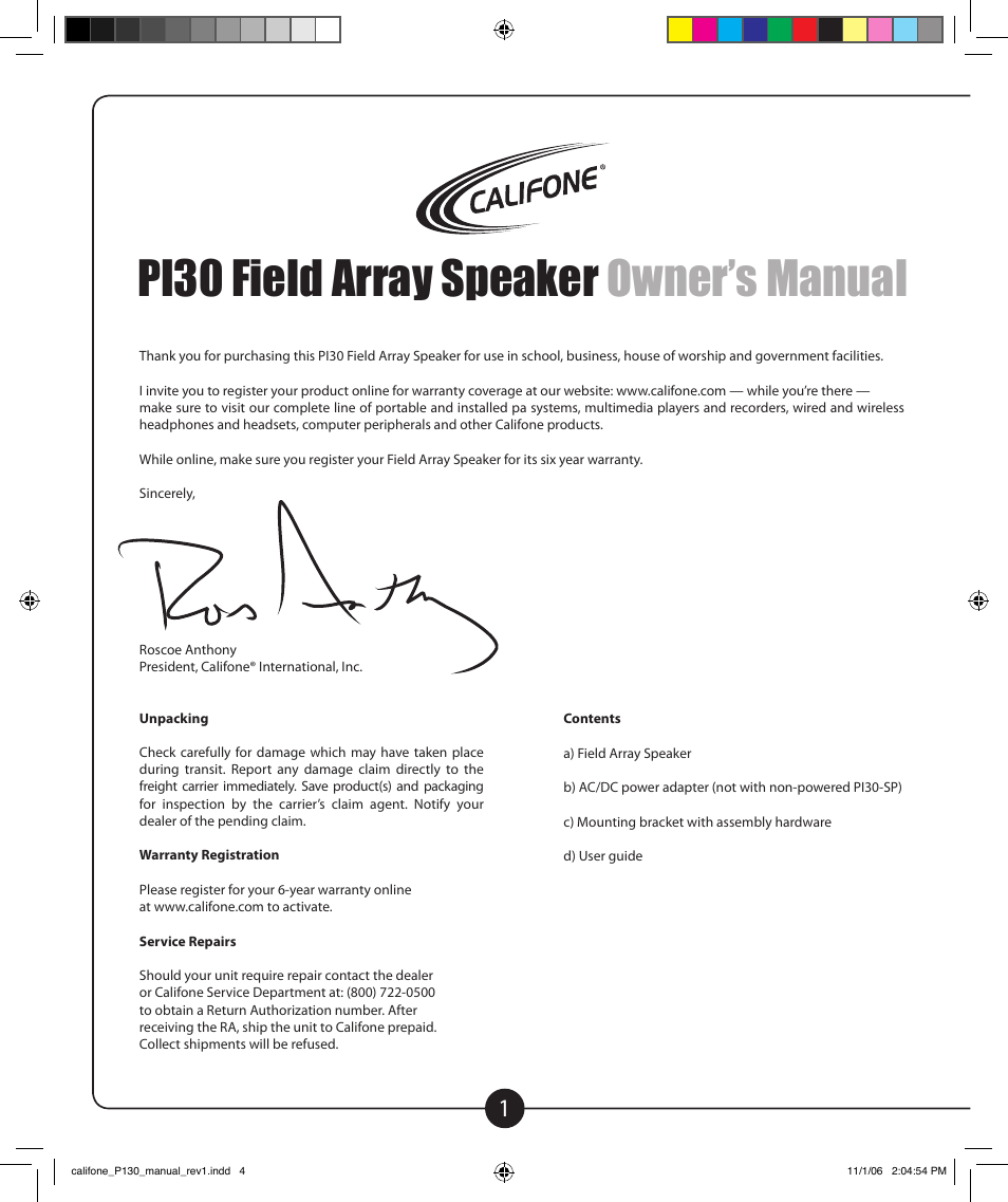 Pi30 field array speaker owner’s manual | Califone PI30-PS User Manual | Page 2 / 8