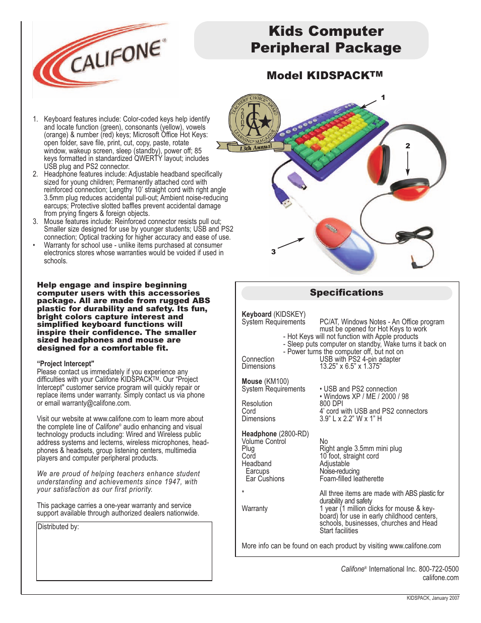 Califone Kids Computer Peripheral Package KIDSPACK User Manual | 1 page