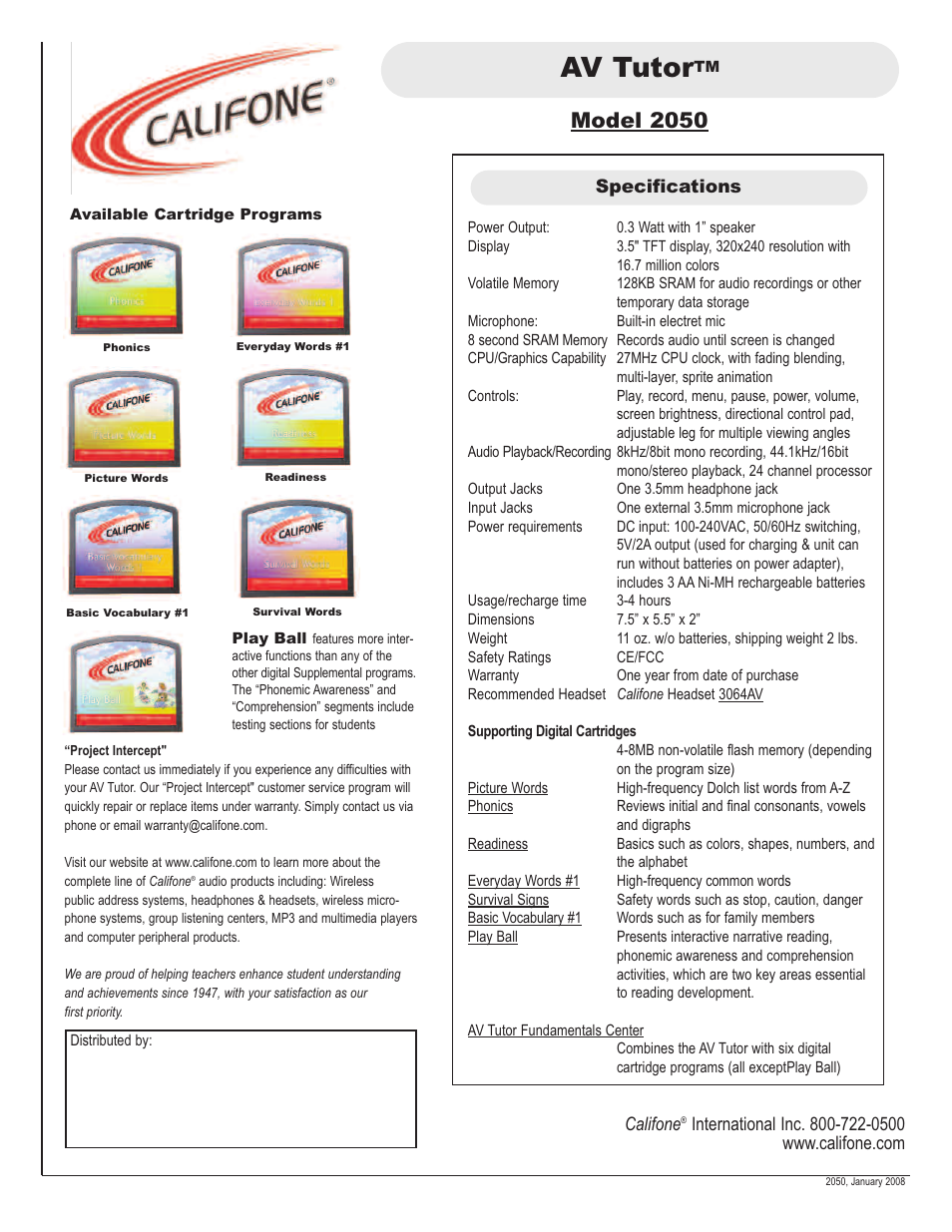 Av tutor, Model 2050 | Califone AV Tutor 2050 User Manual | Page 2 / 2