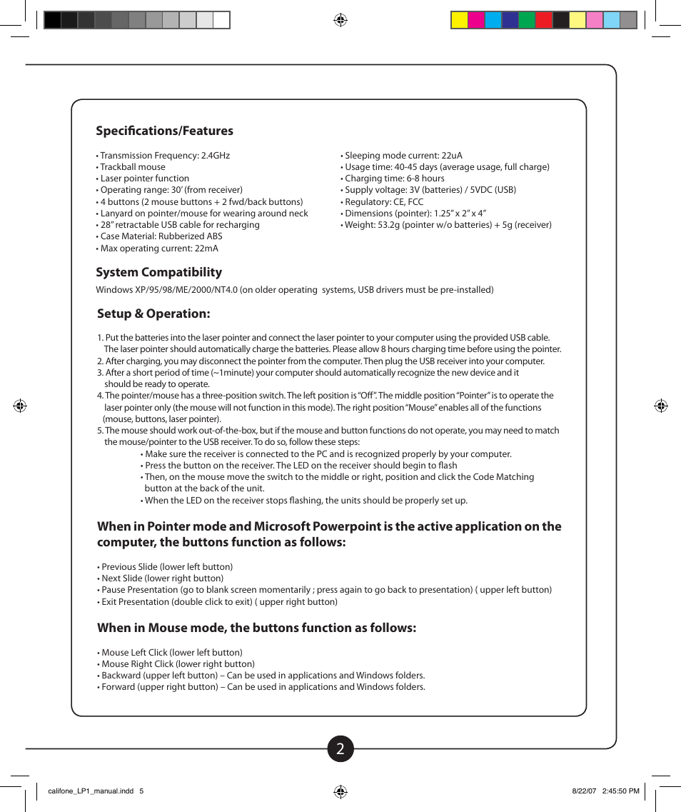 Setup & operation, Specifications/features, System compatibility | Califone LP-1 User Manual | Page 3 / 4