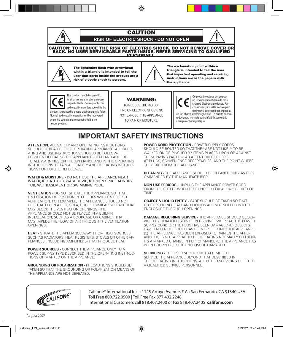 Important safety instructions, Caution, Warning | Califone LP-1 User Manual | Page 4 / 4