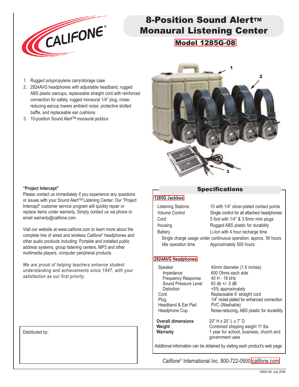 Position sound alert, Monaural listening center | Califone 1285G-08 User Manual | Page 2 / 2